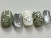 ネイルメゾン 天神店(NAIL MAISON)/リボン緑マグくすみカラー￥9000