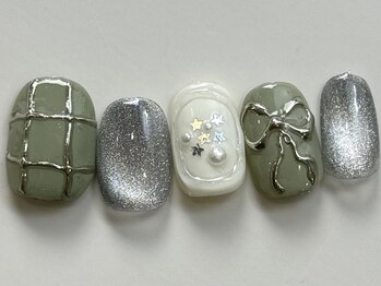 ネイルメゾン 天神店(NAIL MAISON)/リボン緑マグくすみカラー¥9000