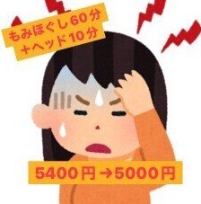 肩こり・頭痛サヨナラ！もみほぐし60分＋ヘッドマッサージ10分5400円→5000円