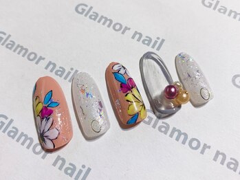 グラマーネイル(Glamor nail)/ビジュー×フラワー
