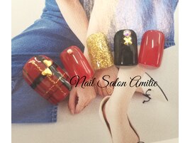 チェック×リボンfootネイル