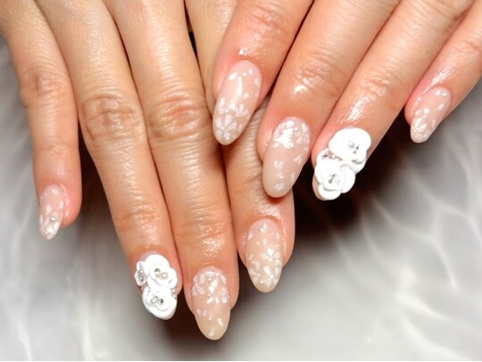 ☆A-481☆ネイルチップ ブルーグレーの3Dフラワーネイル （2025年春  