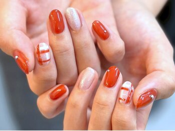ボタネイル 近鉄八尾駅前店(BOTA NAIL)/チェック柄/朱色/キュートネイル