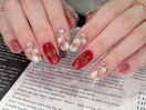 チェリーレッドお花ネイル