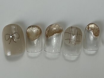 ネイルメゾン 天神店(NAIL MAISON)/チェックゴールドリボン¥5000