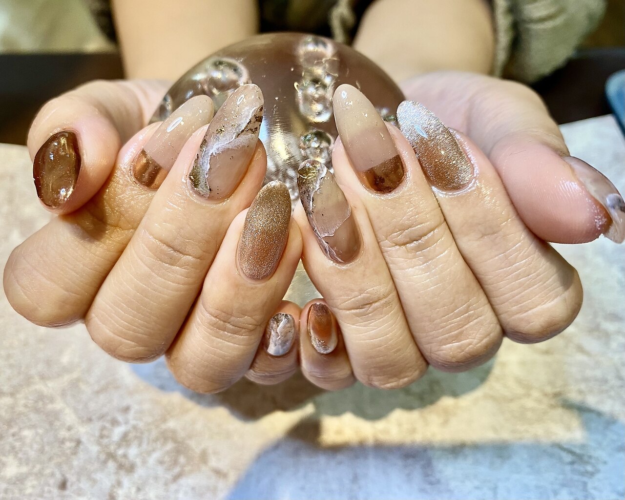 オーダーネイルチップNo.55 カフェラテ風 マーブル ぷっくり