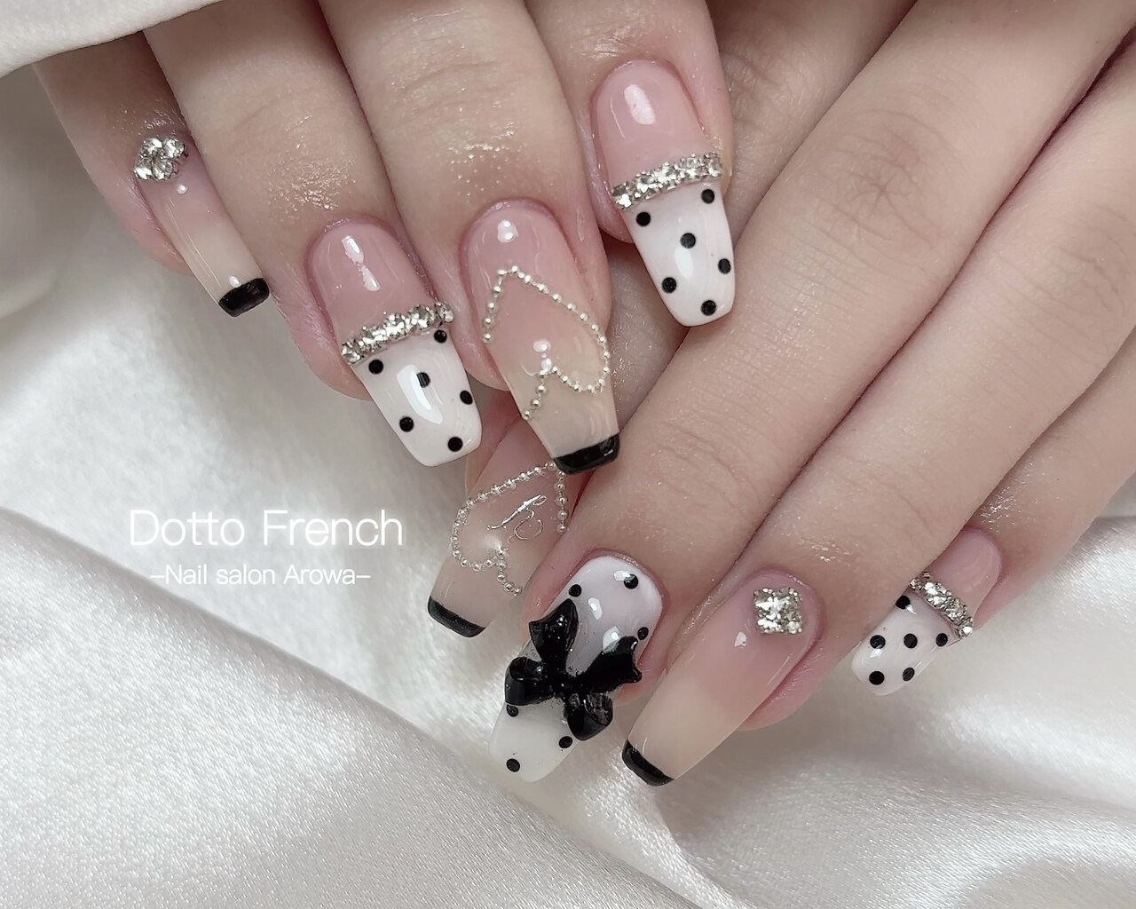 ネイルチップ ワンホン バレーコア リボン ハートホロ フレンチ ネイル