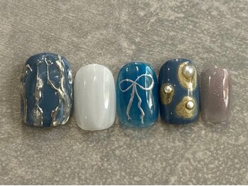 カラネイル 南森町店(calla nail)/ブルーニュアンス りぼんネイル
