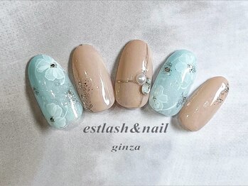 エストラッシュアンドネイル 銀座店(est lash&nail)/水色水彩フラワーネイル