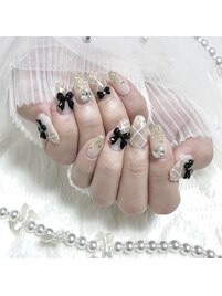 秋ネイル♪チェック×黒リボン