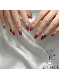 レッドグラデ×ビジューネイル