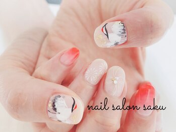 サク(saku)/鶴/手描きアート/お正月