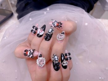 スノーネイルサロン 新宿店(Snow nail salon)/黒ピンクリボンパール