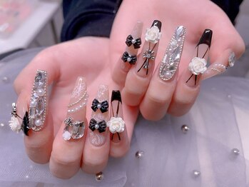 スノーネイルサロン 新宿店(Snow nail salon)/黒薔薇リボンレース埋め尽くし