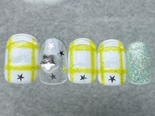 ネイルメゾン 天神店(NAIL MAISON)/黄緑チェック星ラメ夏￥7500