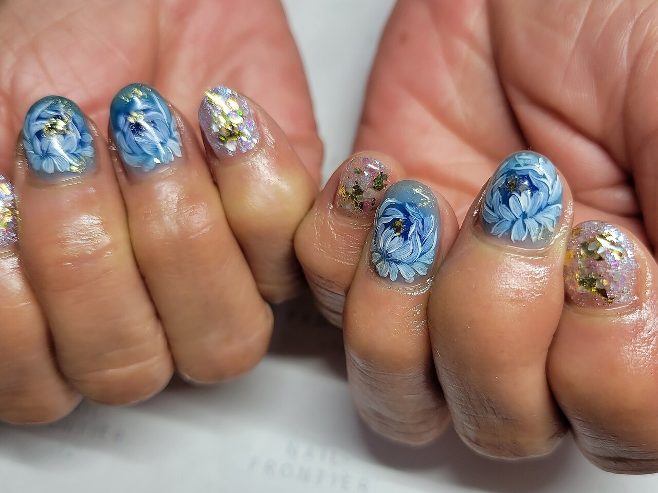 オーダー専】 浴衣 花柄 ネイルチップ 水色 淡色 青 ブルー 蝶々 和 夏