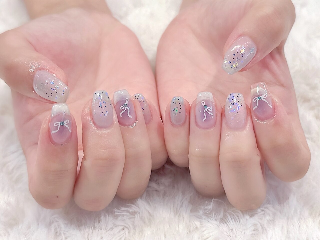 【オーダー】ネイルチップハートリボンワンホン推しネイルニュアンスno.64 オーダー】ネイルチップハートリボンワンホン推しネイルニュアンスno