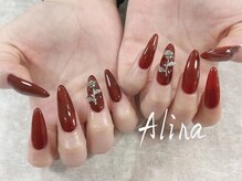 エリナネイルサロン池袋(Alina Nail Salon)/スカルプワンカラー/赤+パーツ