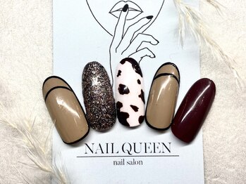 ネイルクイーン(Nail Queen)/ブラウンカウ柄ネイル♪¥8800