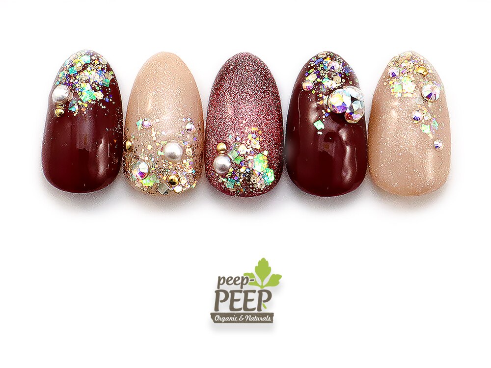 ネイルチップオーダー ワインレッド赤ピンクホワイトパール春ゴールド