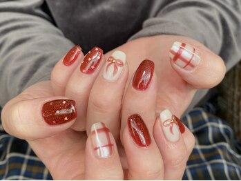 リボン&チェックホリデーネイル