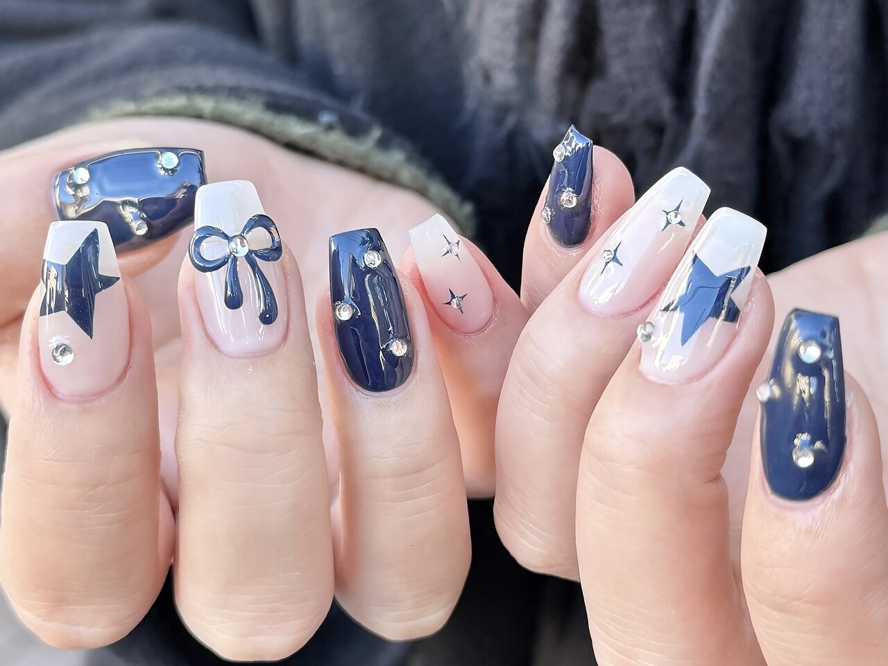 オーダー】ネイルチップ 韓国ワンホンミラーフレンチネイビーキラキラ