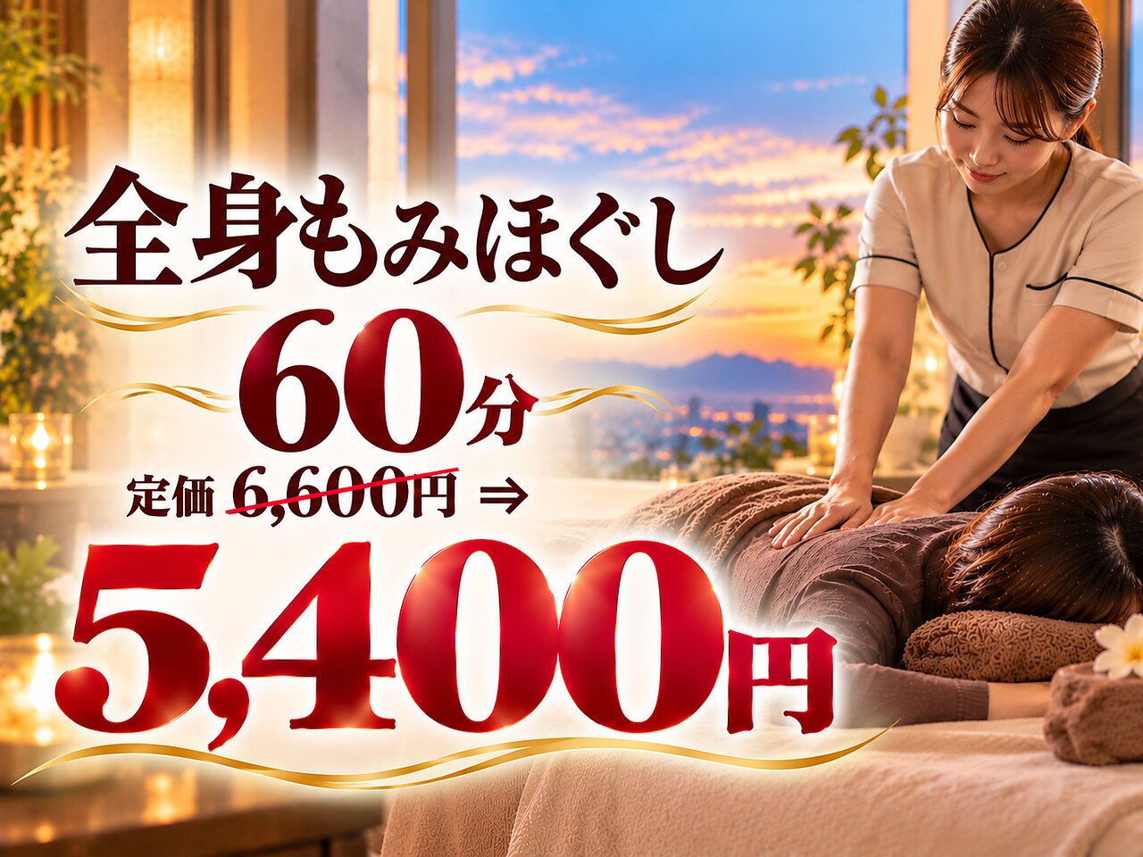 B★【人気No,2】全身もみほぐし60分定価6,600円→5400円