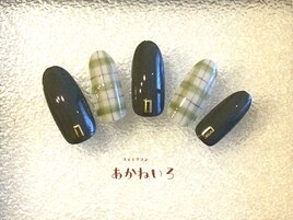 冬色　チェックネイル　手描き