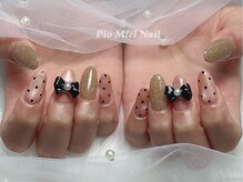 ピオミエルネイル 新宿(pio miel nail)/ベージュラメ×ドット×リボン
