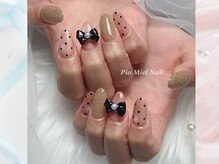 ピオミエルネイル 新宿(pio miel nail)/ベージュラメ×ドット×リボン
