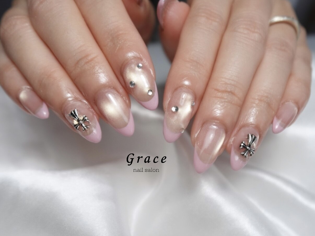 カラー変更無料】マグネット ネイルチップ ラメフレンチ ハート