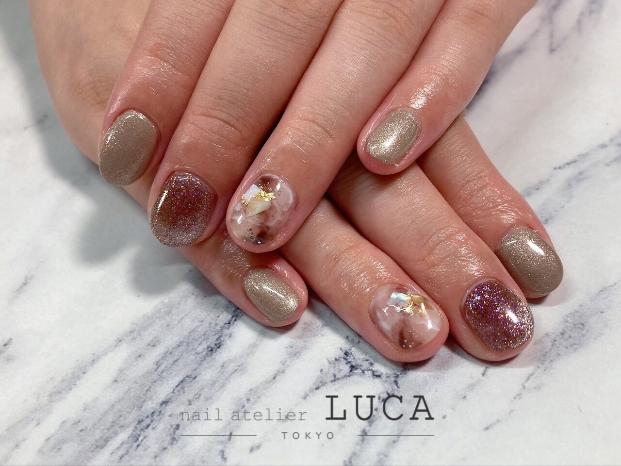 46］ネイルチップ チェックネイル ニュアンス マーブル ブラウン 秋 冬