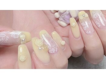 御爪処 あんみつ/イエロー×レース柄