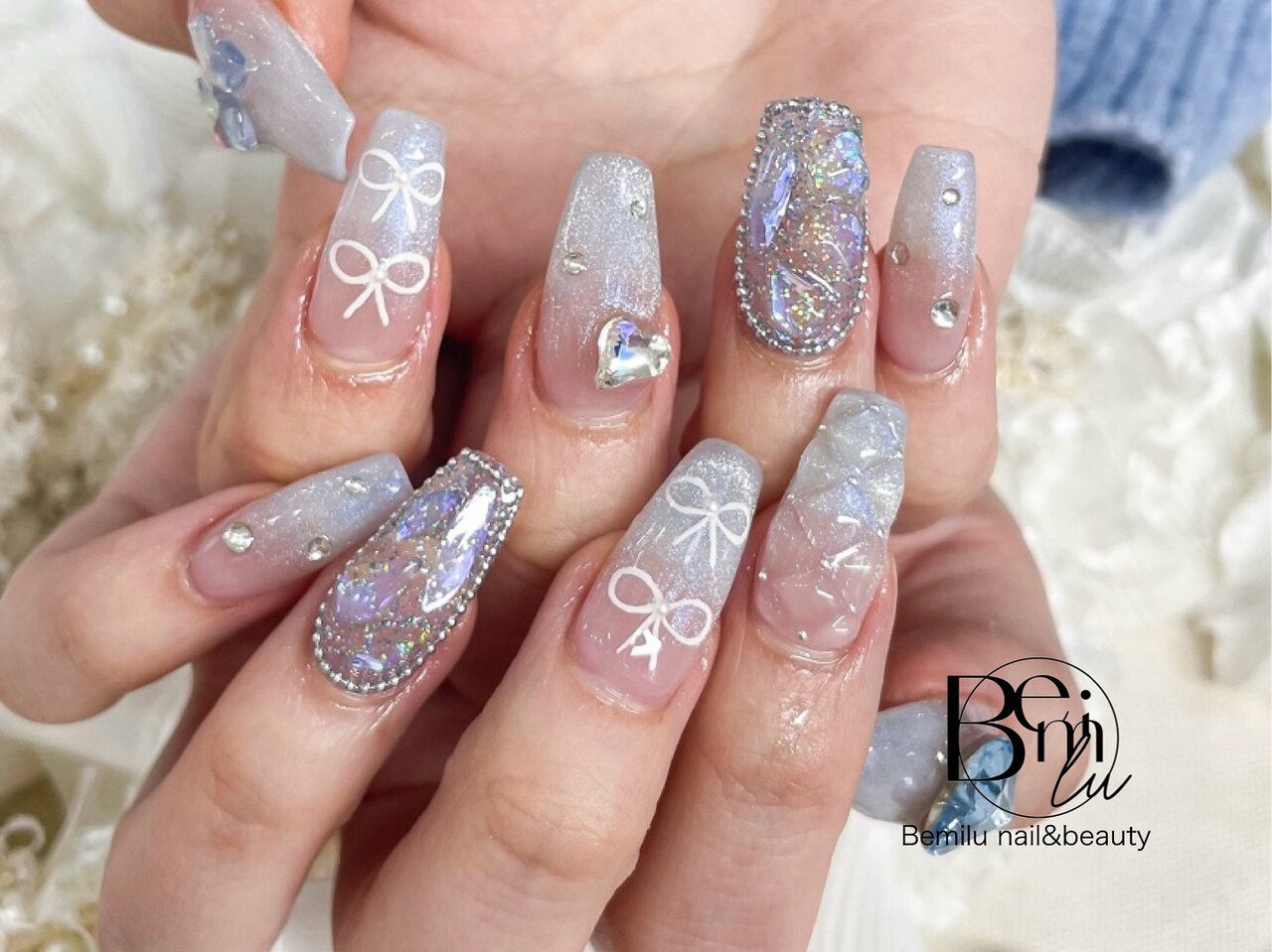 102 ネイルチップ 落書きネイル ハート リボン 流行りネイル 韓国