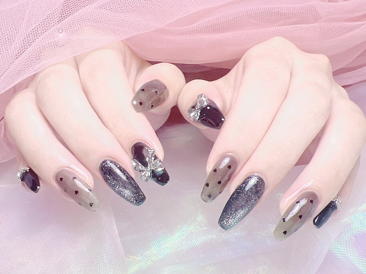 ネイルチップ ツイード ワンホン 量産型 フレンチ ちゅるん 白 黒 ハート ネイルチップ 量産型 スナ系 フレンチ ツイードネイル ちゅるん