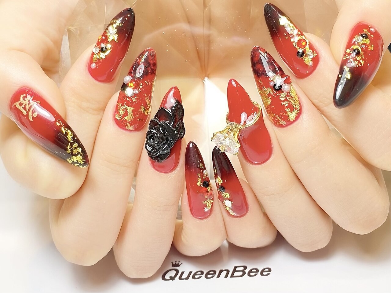 水引フラワーニュアンスネイル ラメ ミラー 赤推し ちゅるん 成人式 前撮り 冬 NO66 クリアフラワー/花柄/和柄/卒業式/袴/和装/前撮り/ブライダル