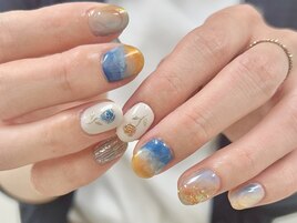 オレンジ×ブルーの夕焼けネイル