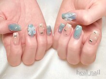 ヒールネイル(heal nail)/beige×blue×ribbon×kirakira.