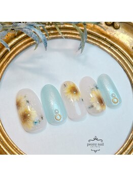 ピオニーネイル(peony nail)/7月新作爽やかブルーとひまわり