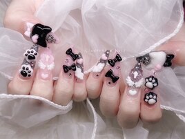 黒ピンク×猫ちゃんネイル