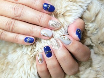 シュガーネイル(sugar nail)/ネイビー&ミラーアレンジネイル