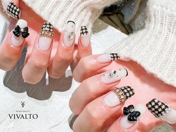 ワールド ビューティ ヴィヴァルト 宝塚店(WORLD BEAUTY VIVALTO)/千鳥柄ネイル/リボン