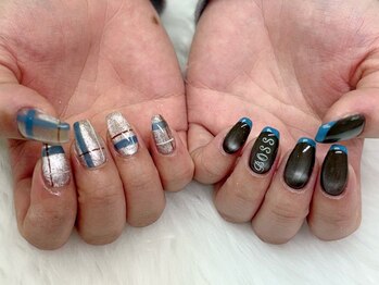 推しネイル/茶色×ブルーネイル