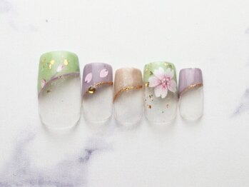 池袋ネイルサロン イイネイル(Ee-Nail)/斜めフレンチ桜ネイル全員￥7980