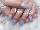 水色のふわふわリボンネイル