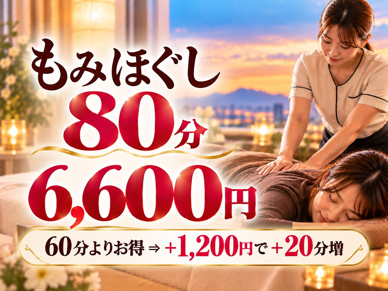 Ｂ【人気No,1】　もみほぐし80分￥6,600　60分よりお得⇒+20分増で＋1,200円