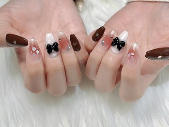 ヒールネイル(heal nail)/brown×cheek×ribbon×heart.