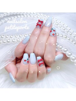 プティポルト(petite porte)/ブルー×さくらんぼリボンネイル