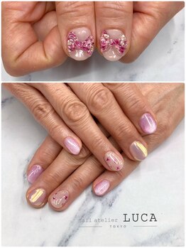 ネイルアトリエルカ(nail atelier LUCA)/W-585 ピンク押し花リボンネイル