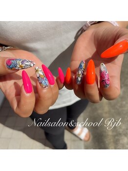 ネオンカラーハワイアン夏ネイル